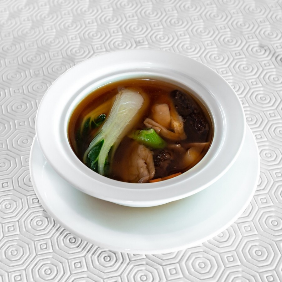 Min Jiang Wild Mushroom Soup with pak choi
