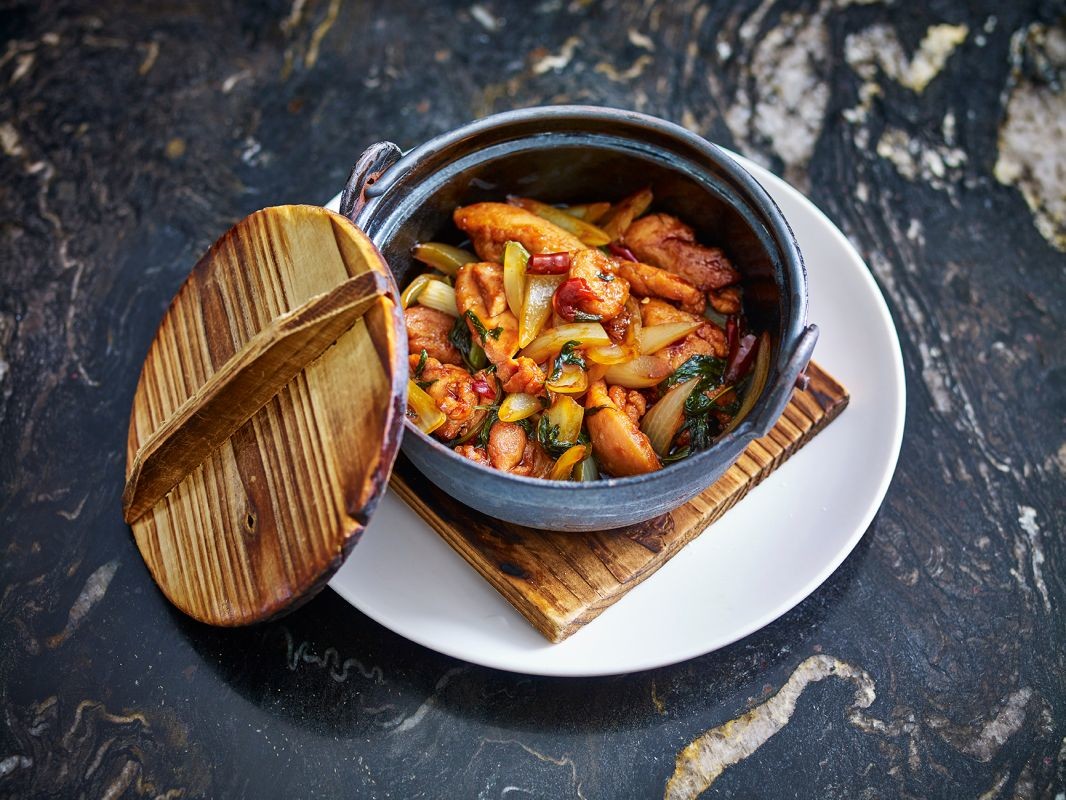 Min Jiang Stir-fried Corn-fed Chicken with sweet basil in san bei sauce